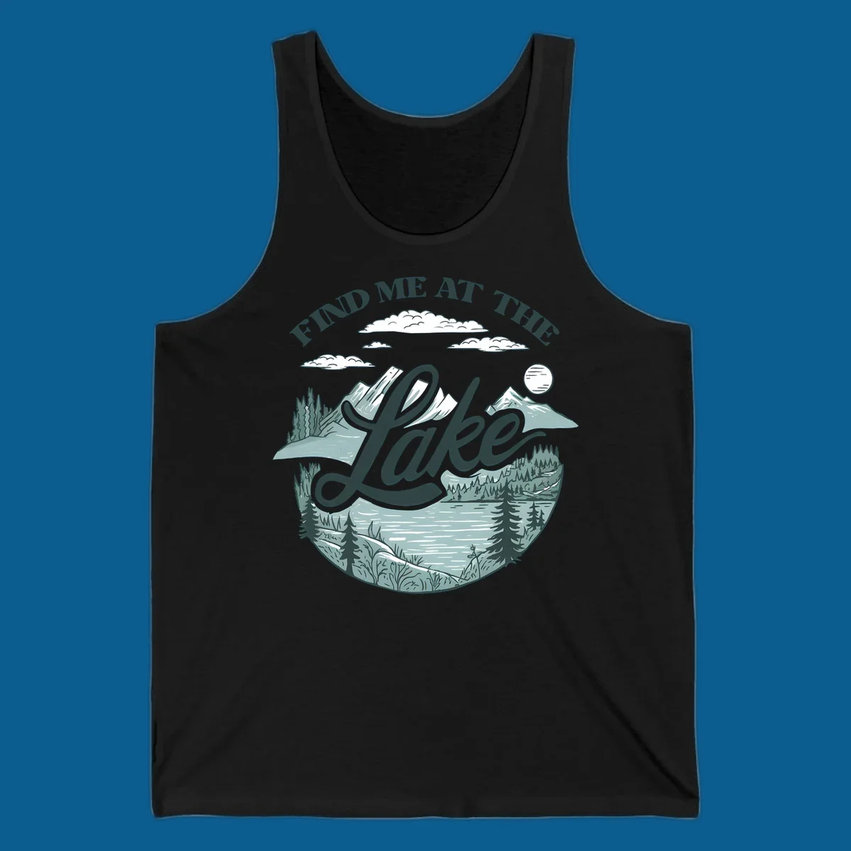 Find me at the lake scenic mountain and lake illustration with text.