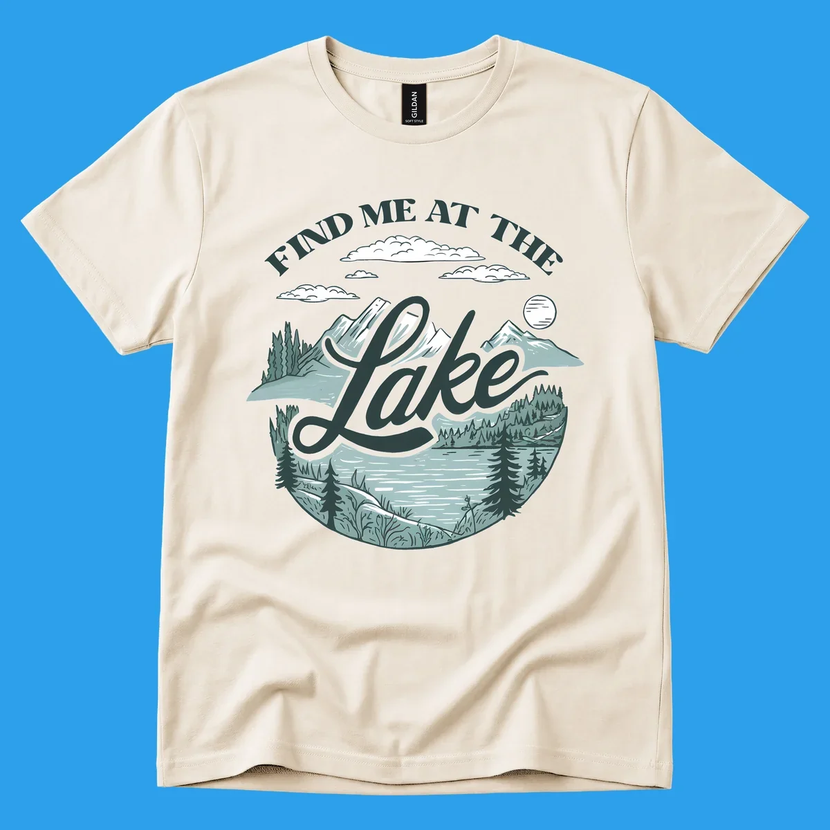 Find me at the lake scenic mountain and lake illustration with text.