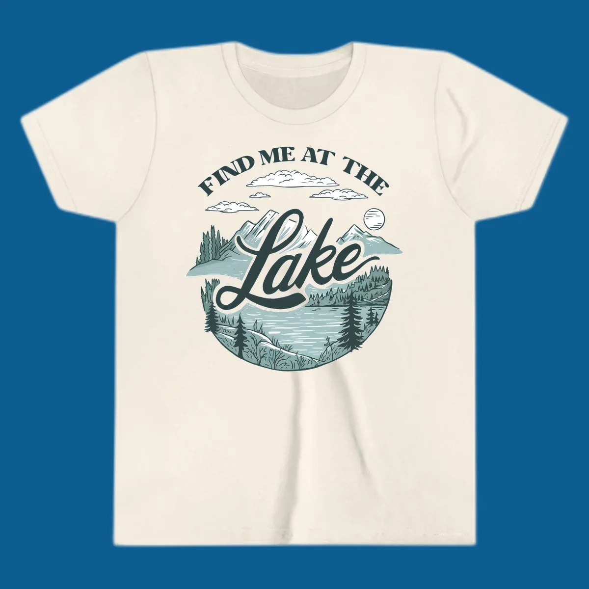 Find me at the lake scenic mountain and lake illustration with text.