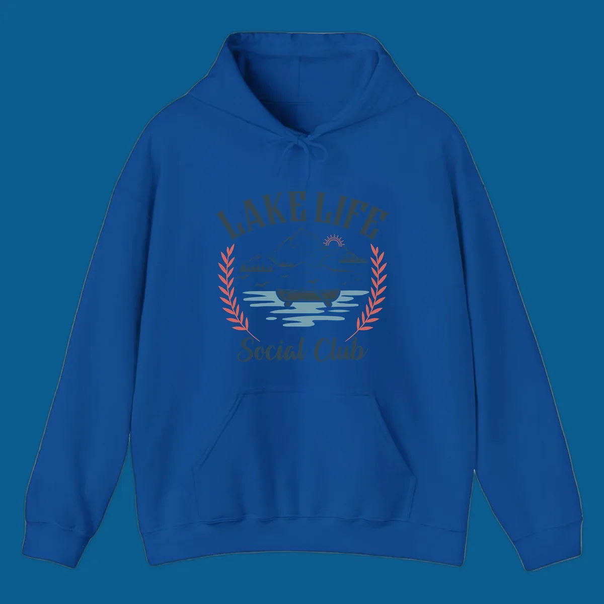 Lake life social club design with mountains, lake, canoe, and birds.