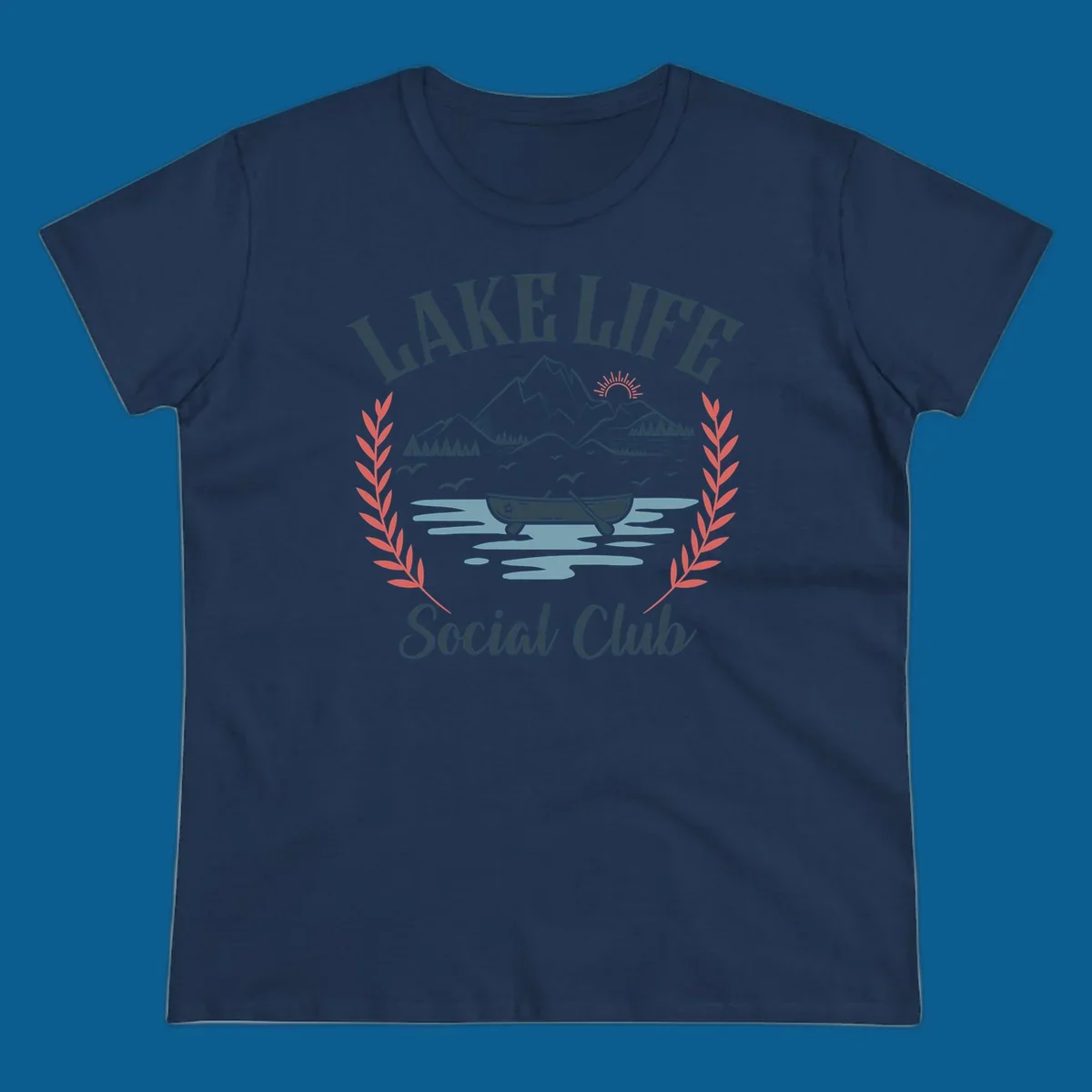 Lake life social club design with mountains, lake, canoe, and birds.