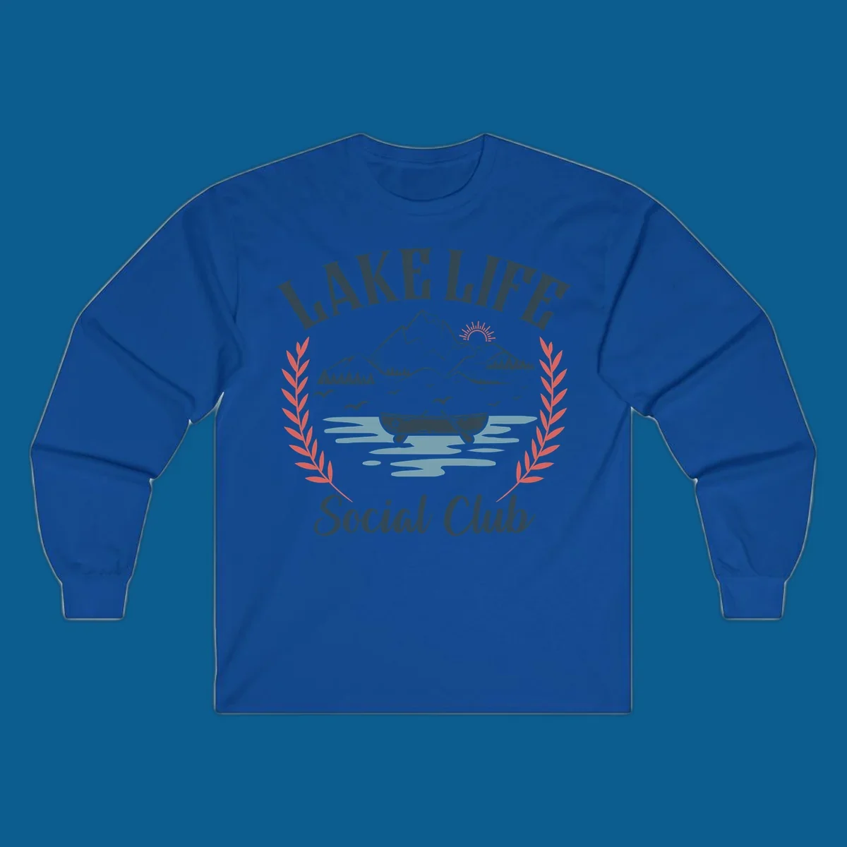 Lake life social club design with mountains, lake, canoe, and birds.