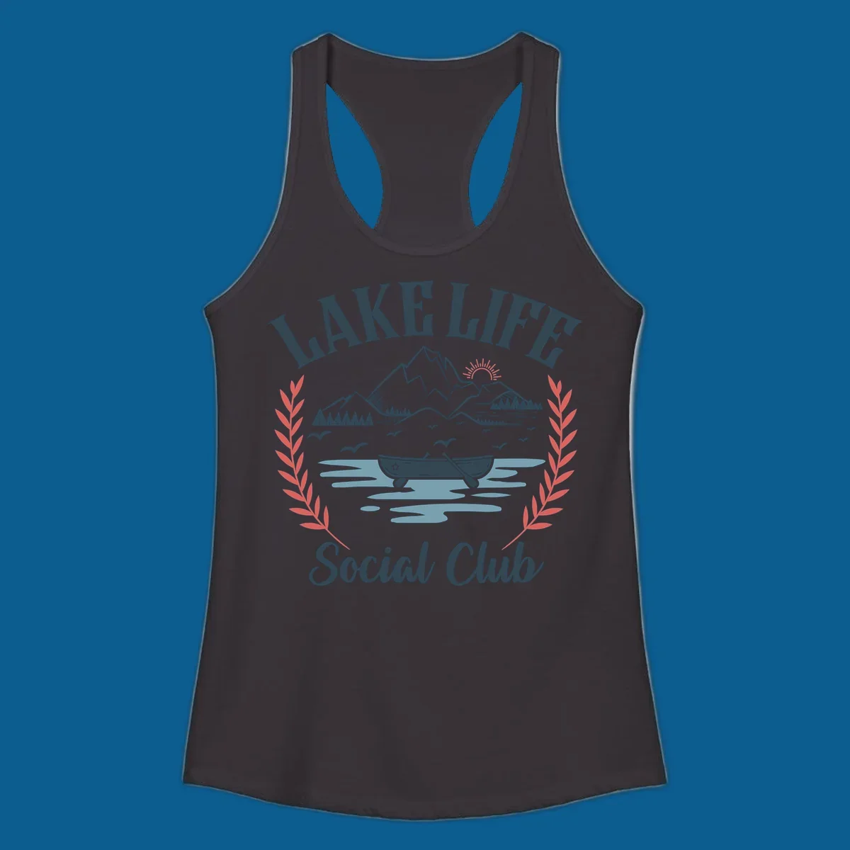 Lake life social club design with mountains, lake, canoe, and birds.