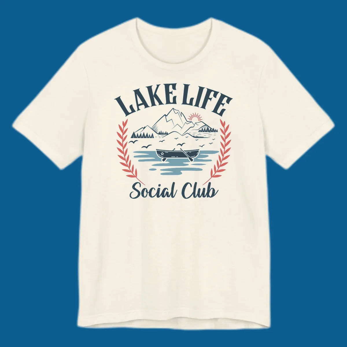 Lake life social club design with mountains, lake, canoe, and birds.
