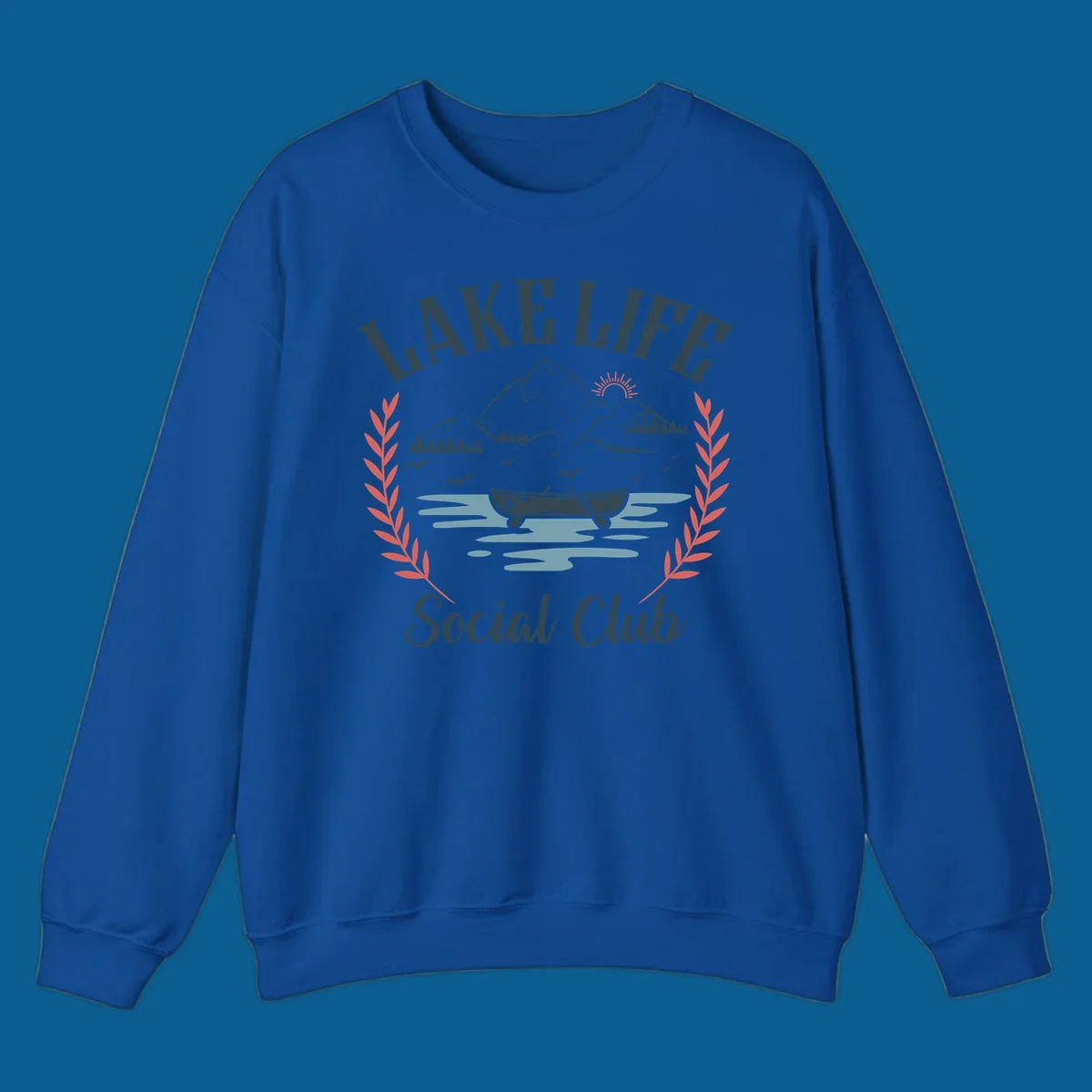 Lake life social club design with mountains, lake, canoe, and birds.