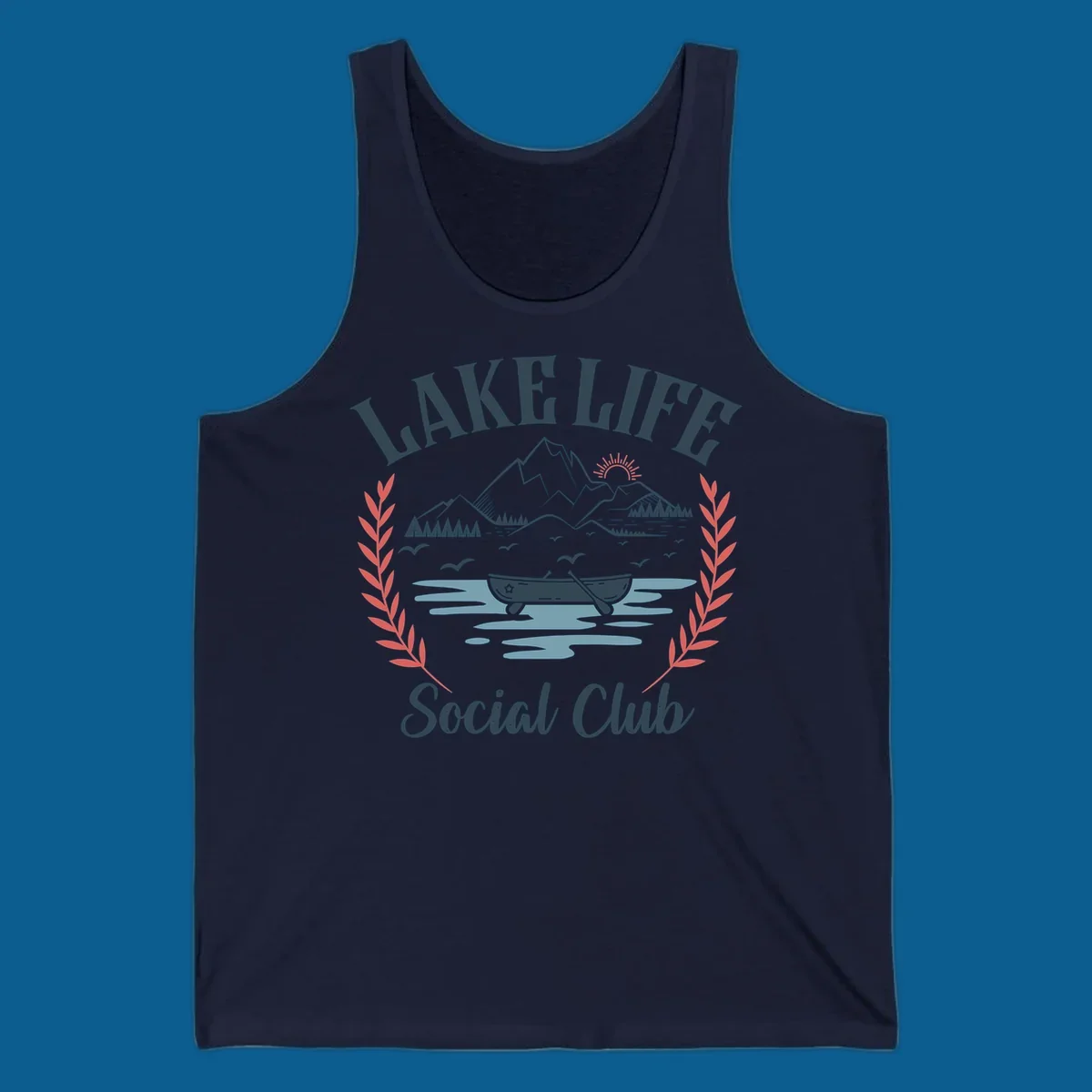 Lake life social club design with mountains, lake, canoe, and birds.