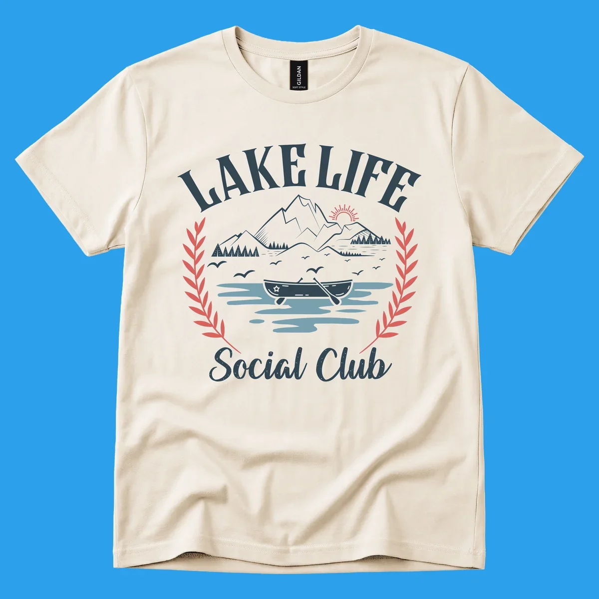 Lake life social club design with mountains, lake, canoe, and birds.