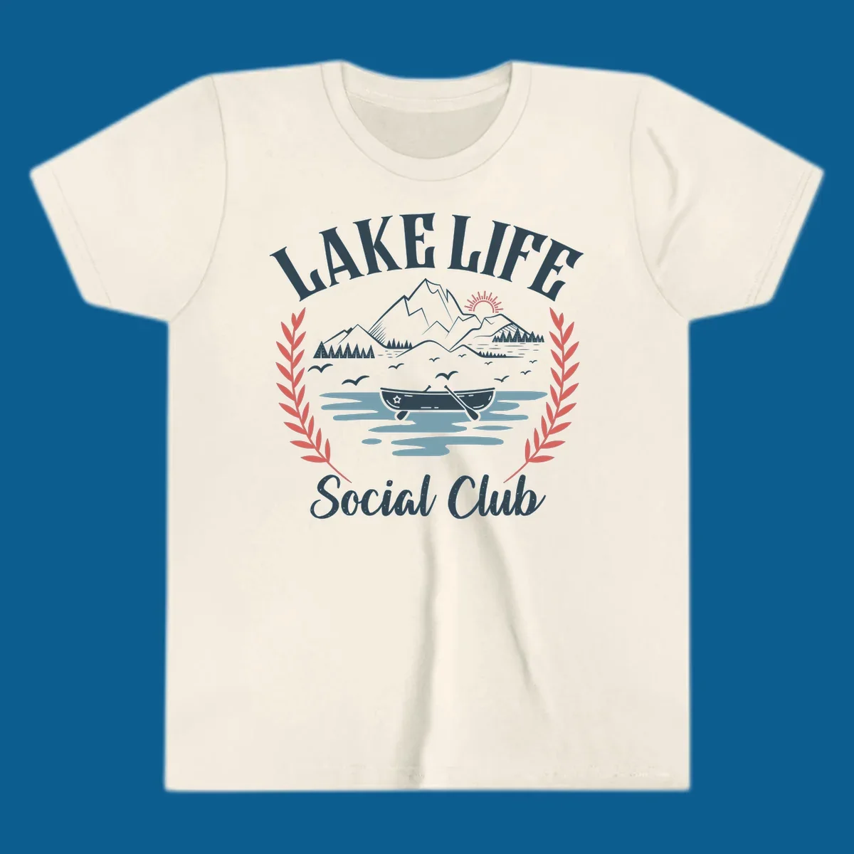 Lake life social club design with mountains, lake, canoe, and birds.