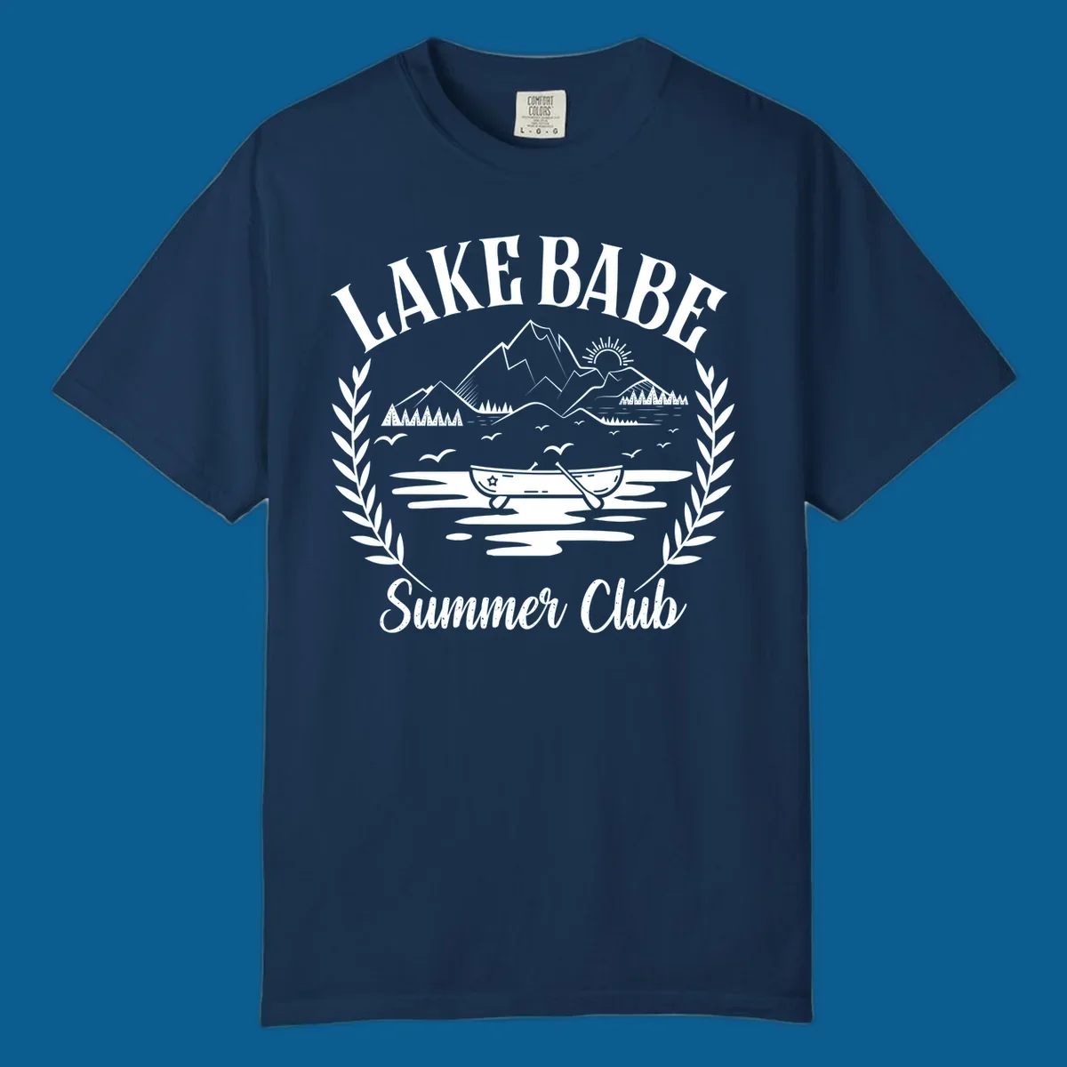 Lake Babe Summer Club design with mountains, lake, canoe, and text.