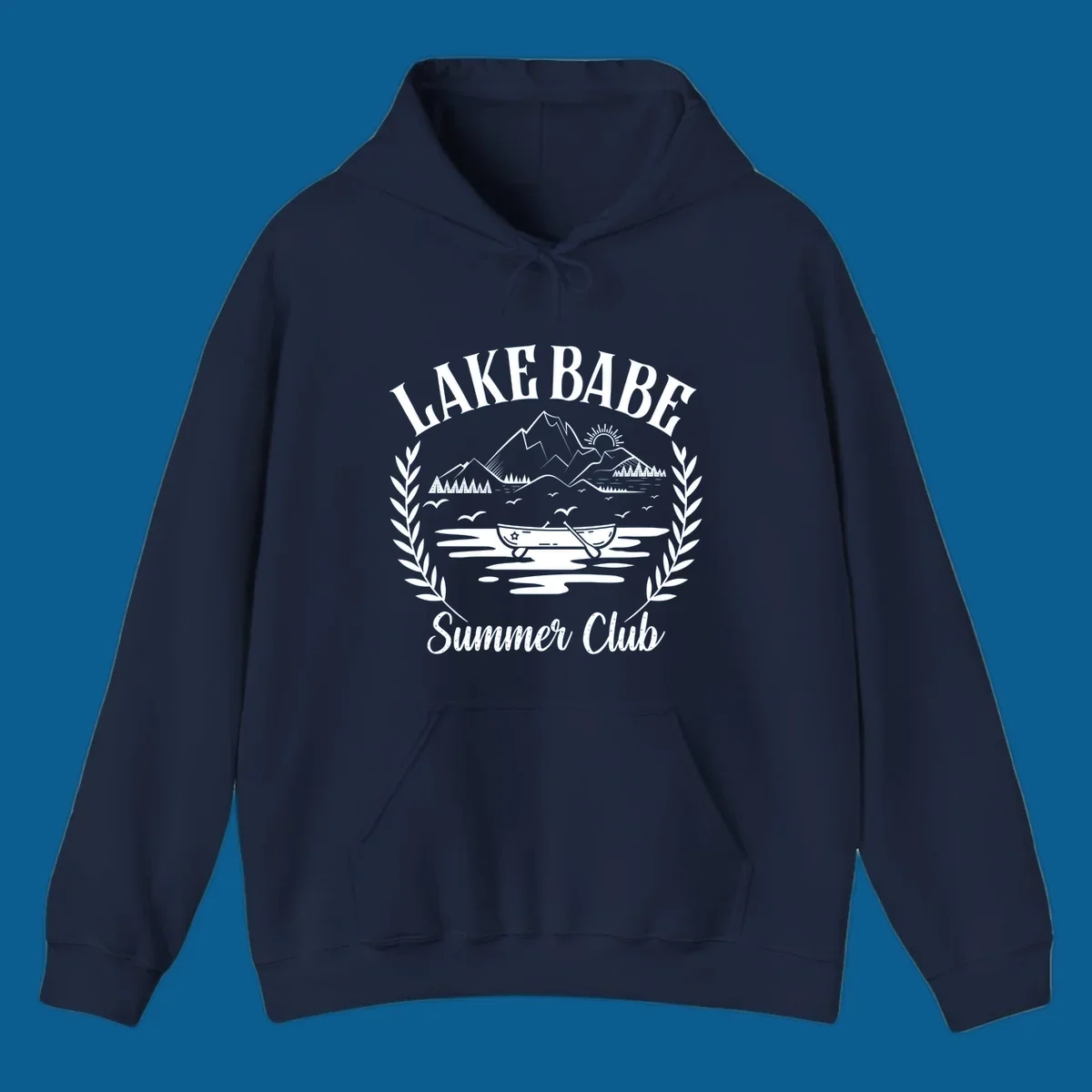 Lake Babe Summer Club design with mountains, lake, canoe, and text.