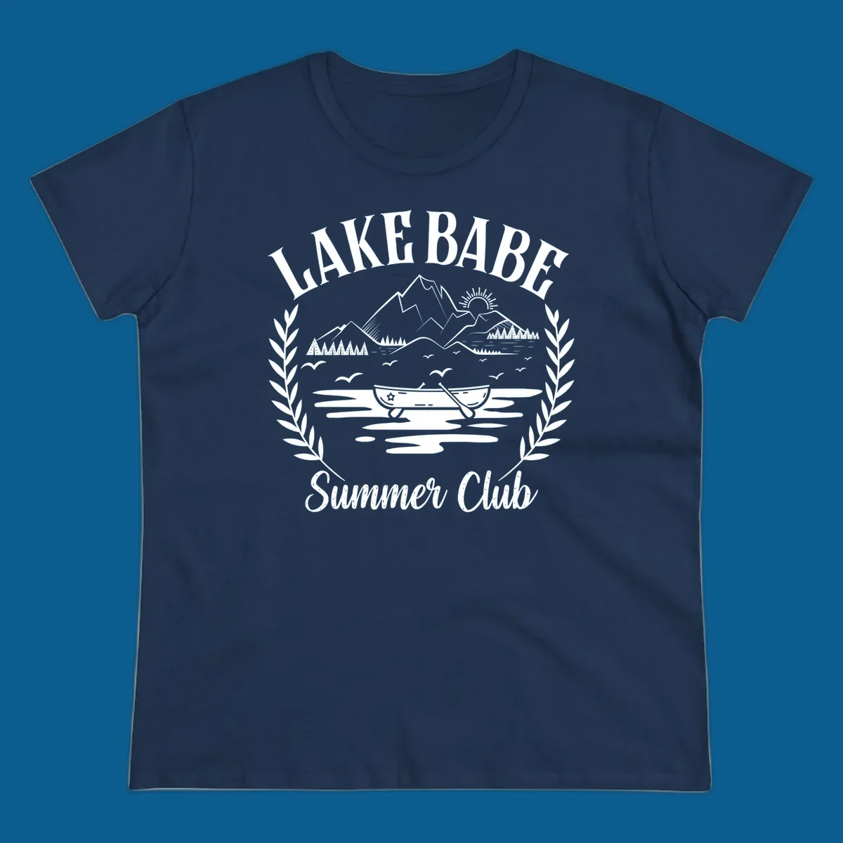Lake Babe Summer Club design with mountains, lake, canoe, and text.