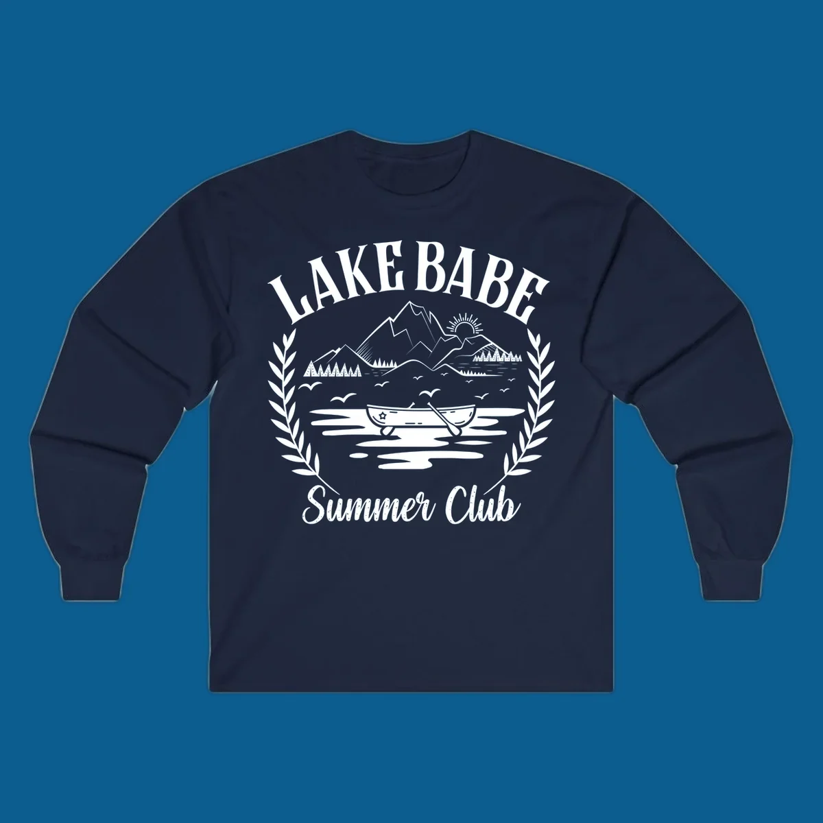 Lake Babe Summer Club design with mountains, lake, canoe, and text.