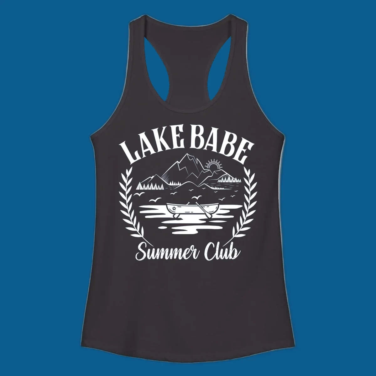 Lake Babe Summer Club design with mountains, lake, canoe, and text.