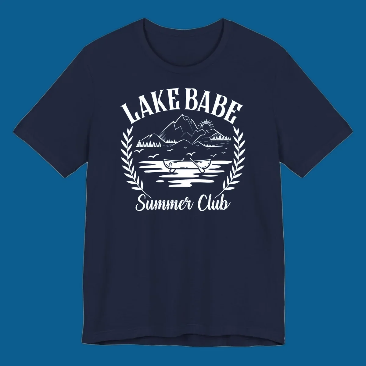 Lake Babe Summer Club design with mountains, lake, canoe, and text.