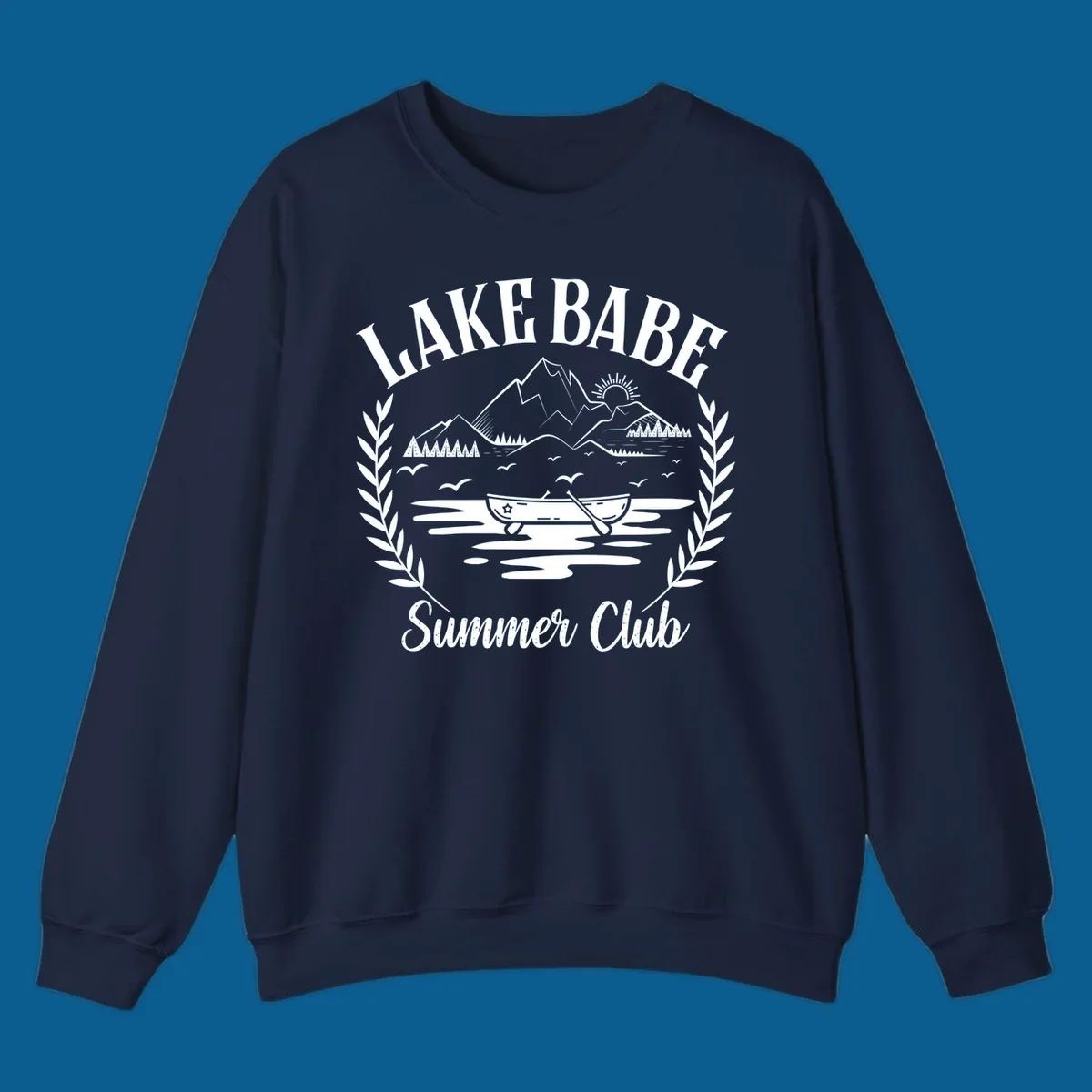 Lake Babe Summer Club design with mountains, lake, canoe, and text.