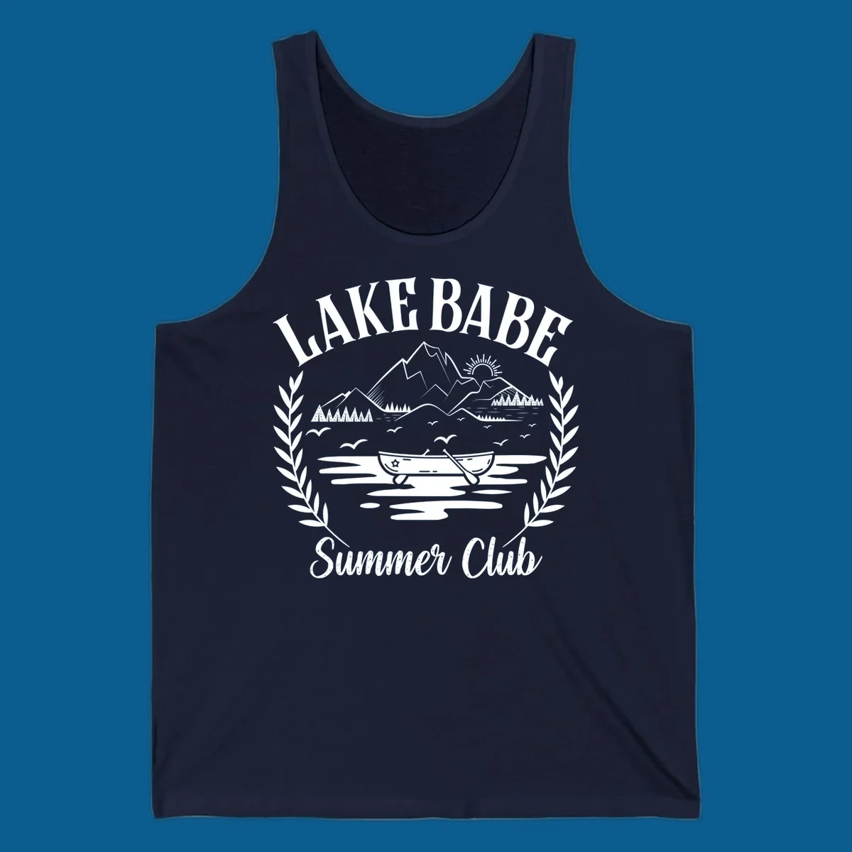 Lake Babe Summer Club design with mountains, lake, canoe, and text.