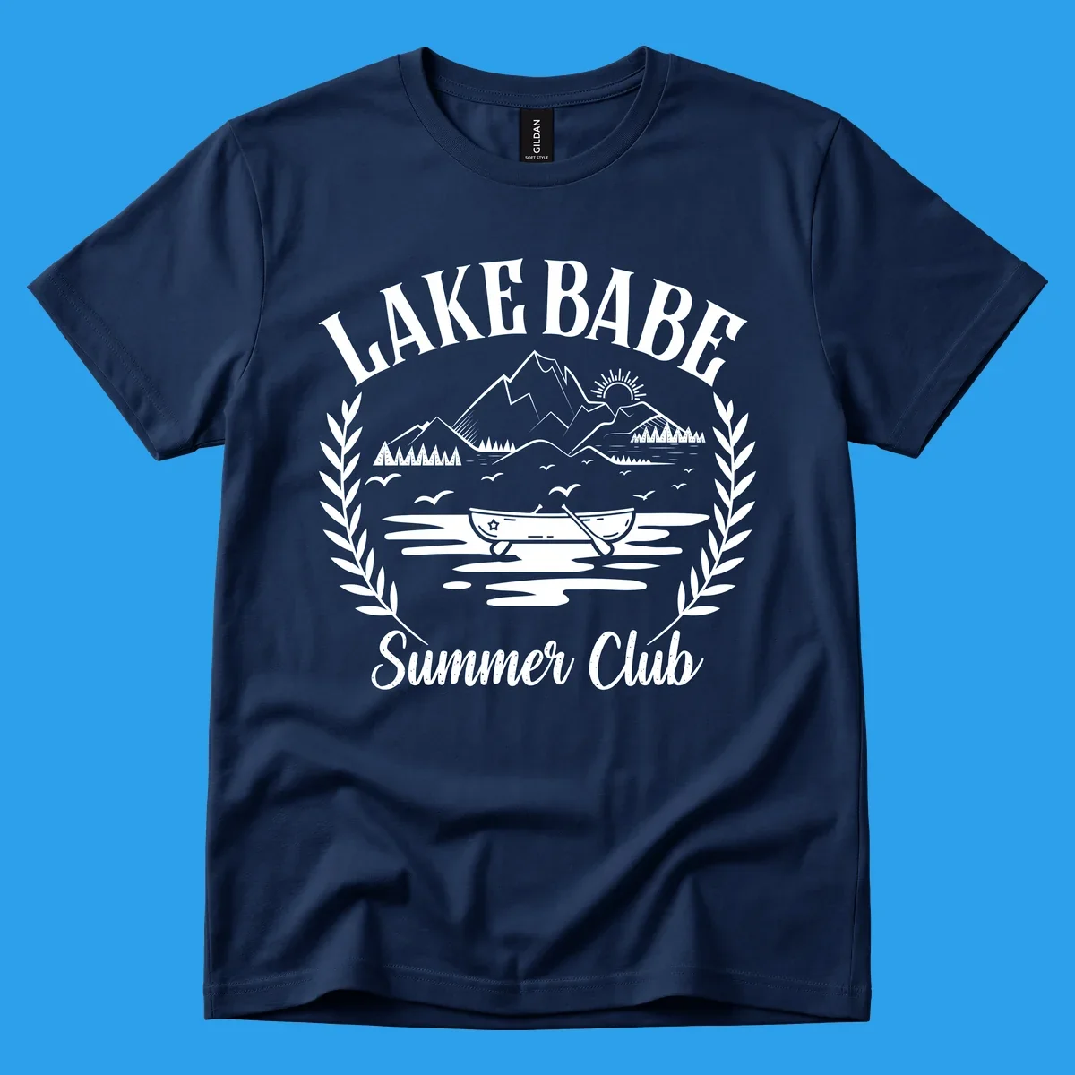 Lake Babe Summer Club design with mountains, lake, canoe, and text.