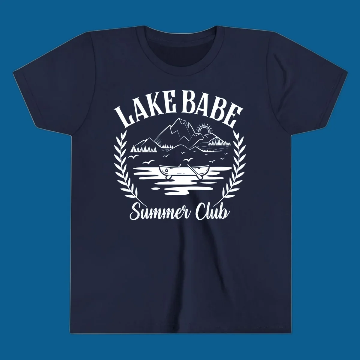 Lake Babe Summer Club design with mountains, lake, canoe, and text.
