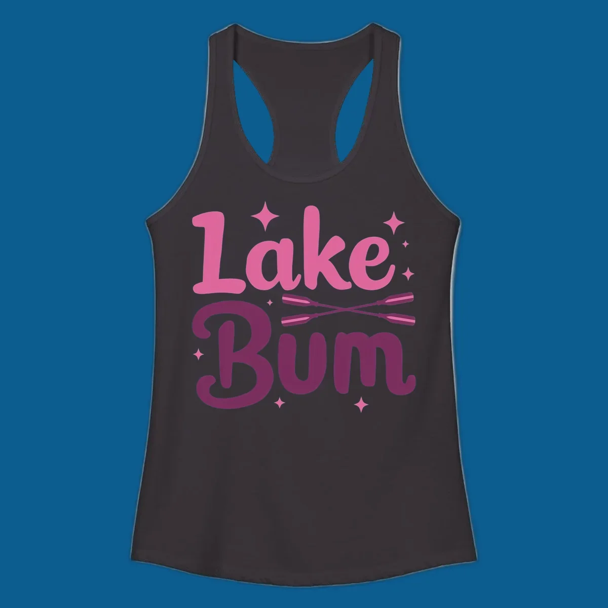 Lake Bum text with crossed oars and stars, lake-bum-lifestyle design