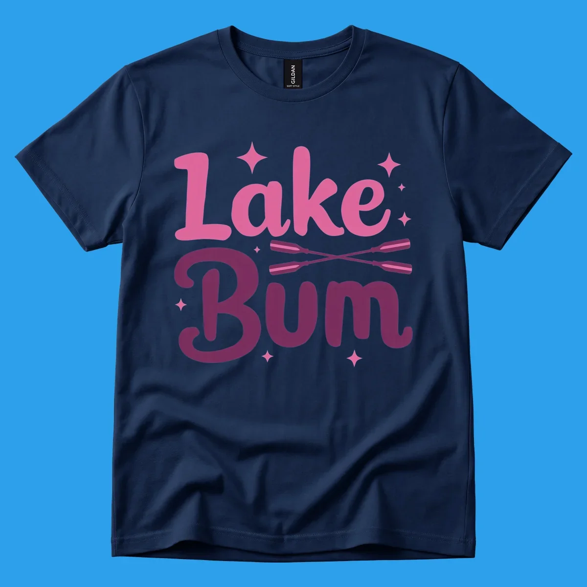 Lake Bum text with crossed oars and stars, lake-bum-lifestyle design