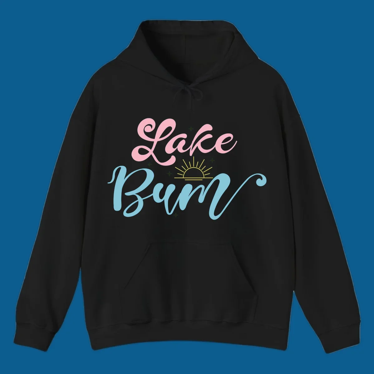 Lake Bum text design with a sunset graphic, in pink and blue script.