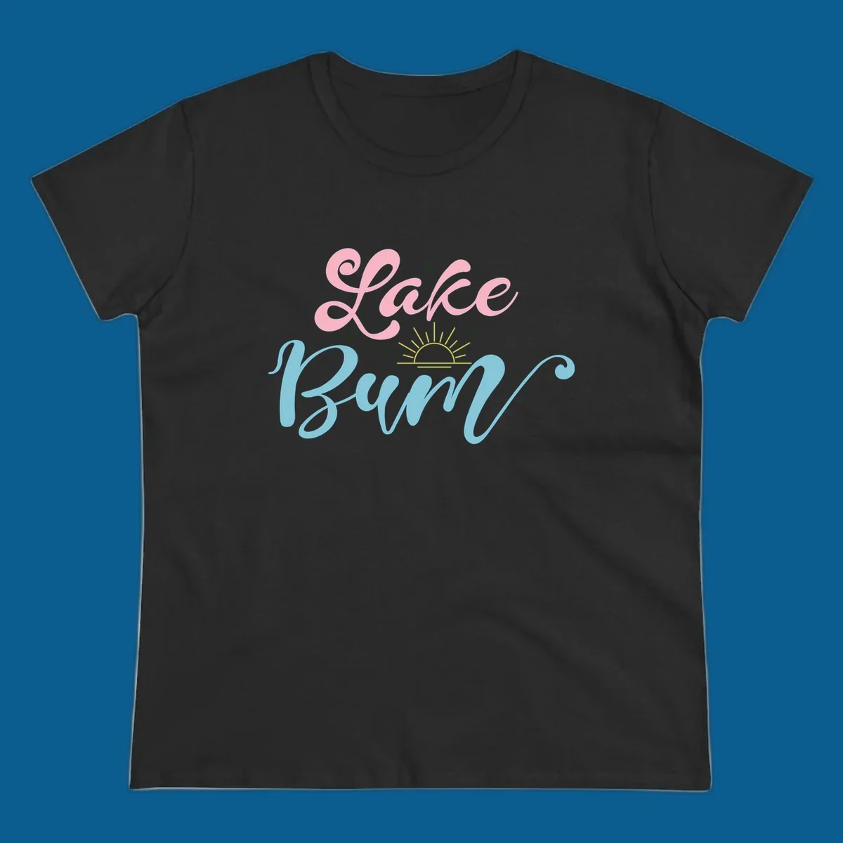 Lake Bum text design with a sunset graphic, in pink and blue script.