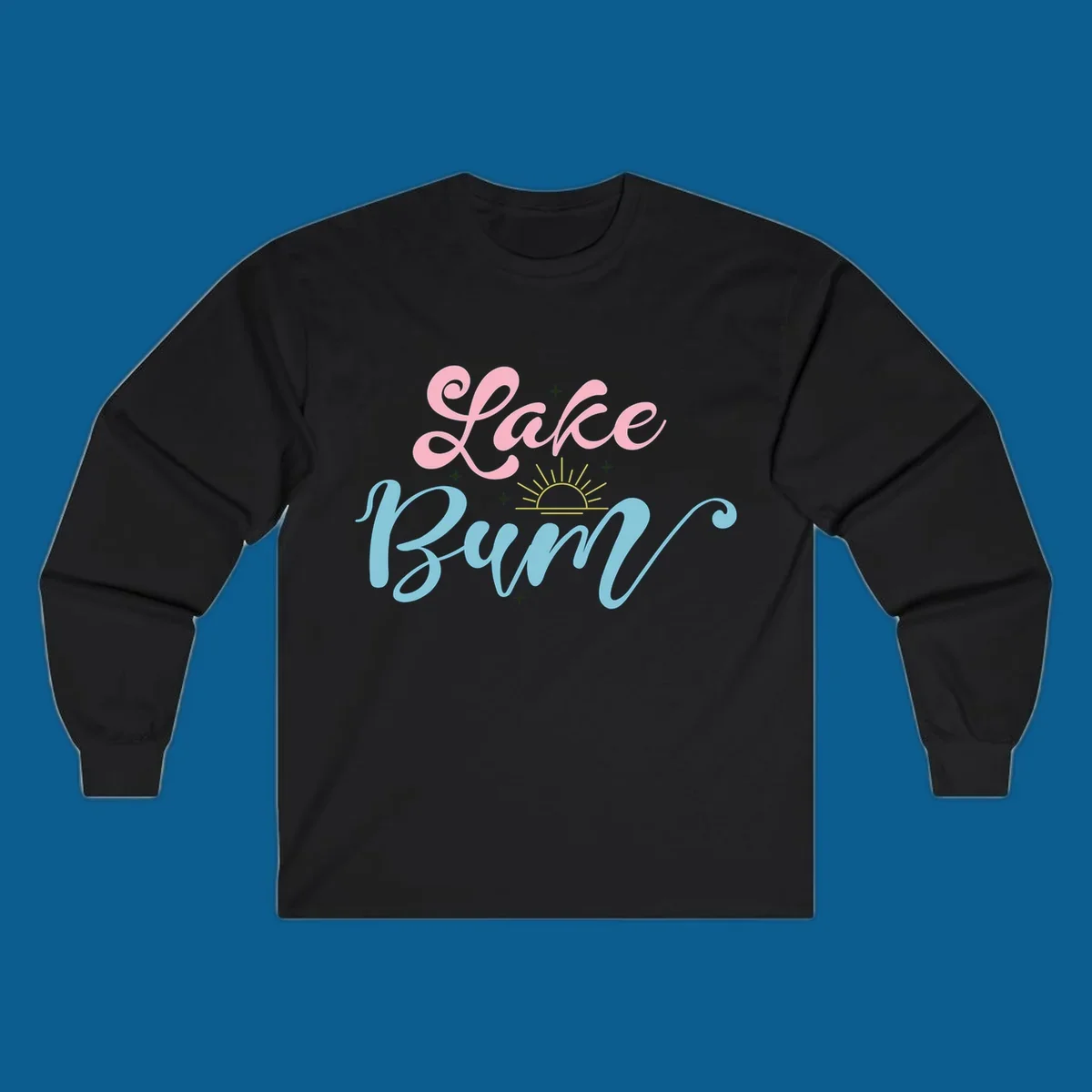 Lake Bum text design with a sunset graphic, in pink and blue script.