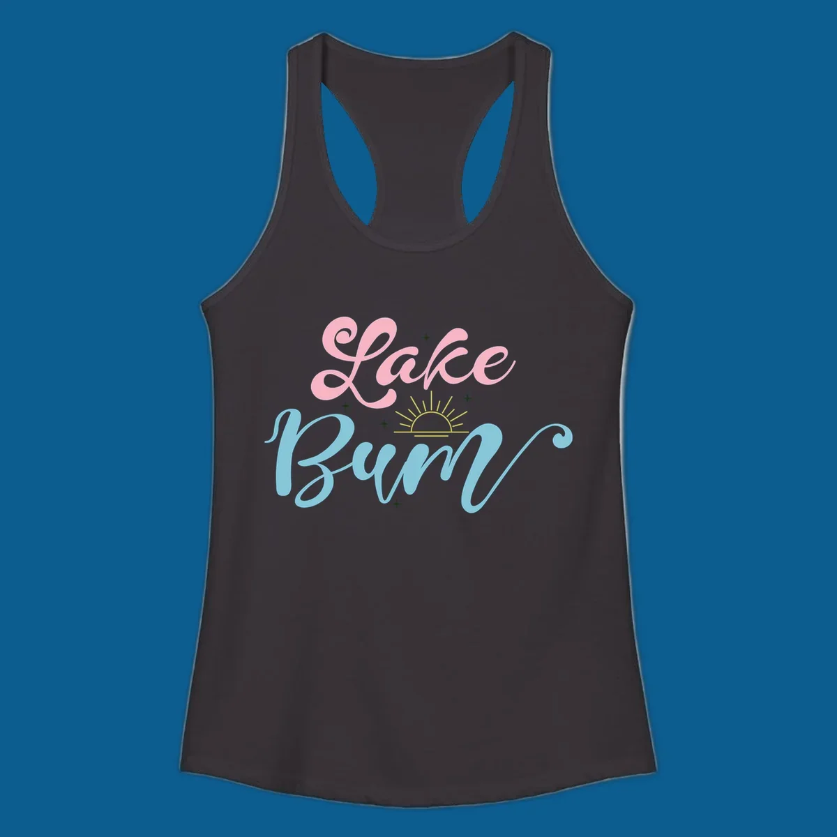 Lake Bum text design with a sunset graphic, in pink and blue script.