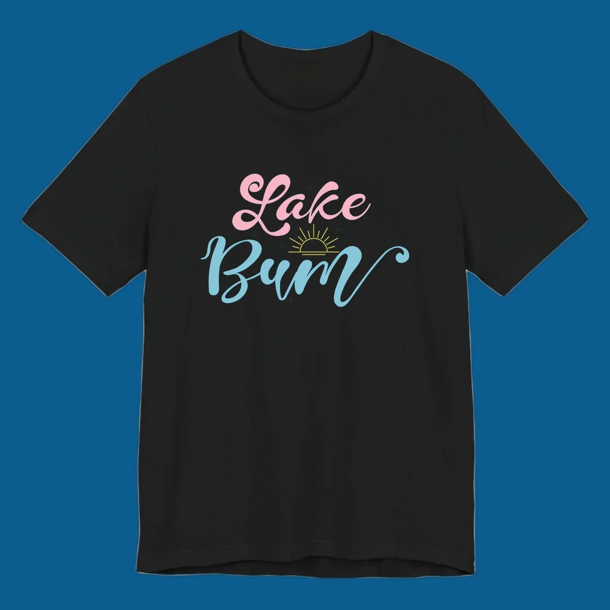 Lake Bum text design with a sunset graphic, in pink and blue script.