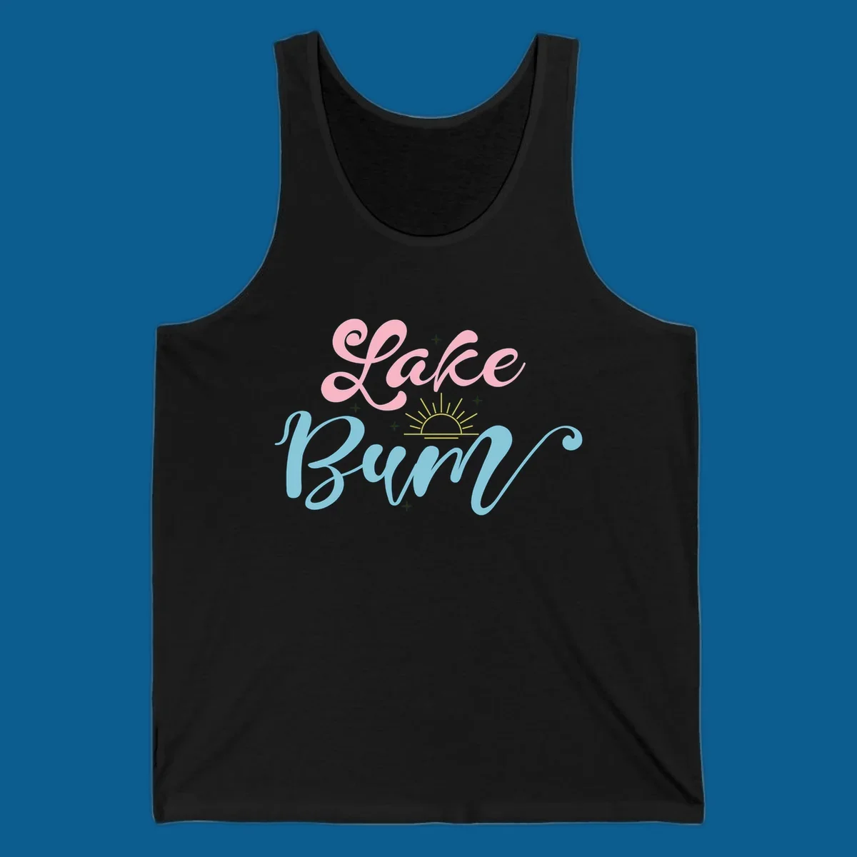 Lake Bum text design with a sunset graphic, in pink and blue script.