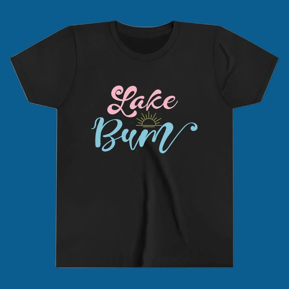 Lake Bum text design with a sunset graphic, in pink and blue script.