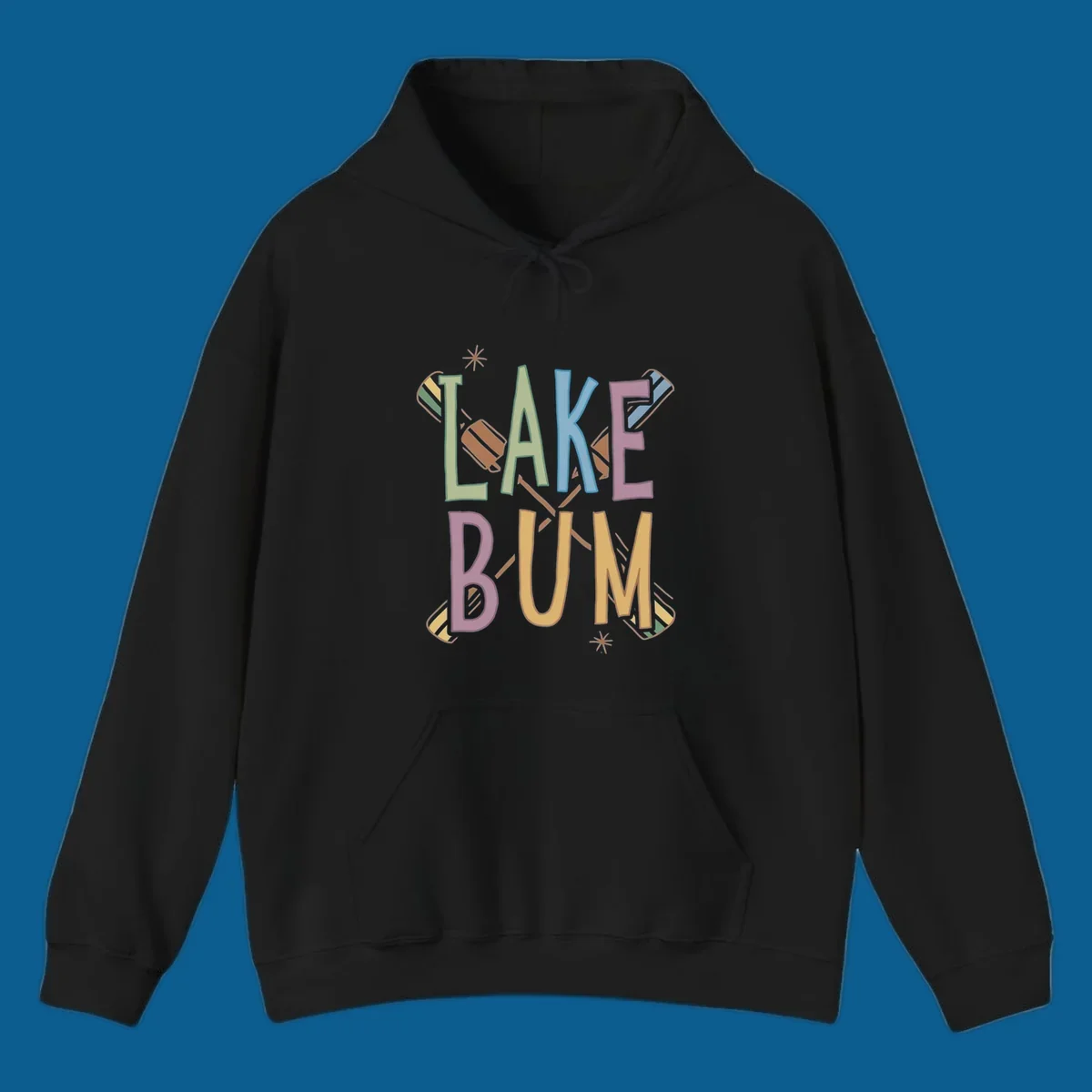 Lake Bum text with crossed oars and starbursts in colorful hand-drawn lettering.