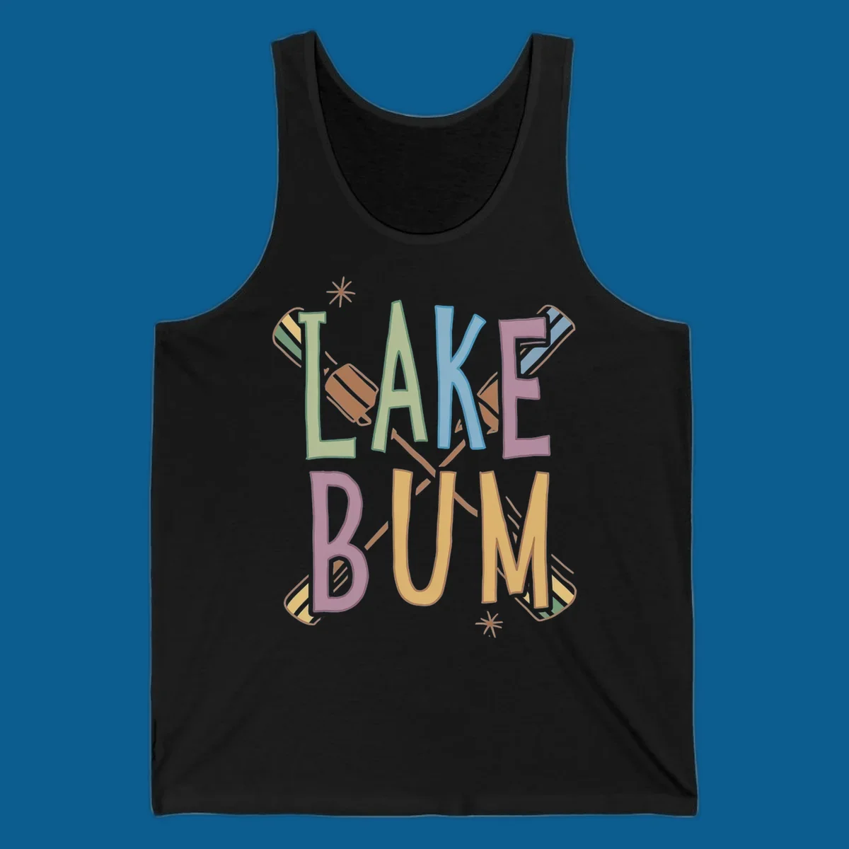 Lake Bum text with crossed oars and starbursts in colorful hand-drawn lettering.