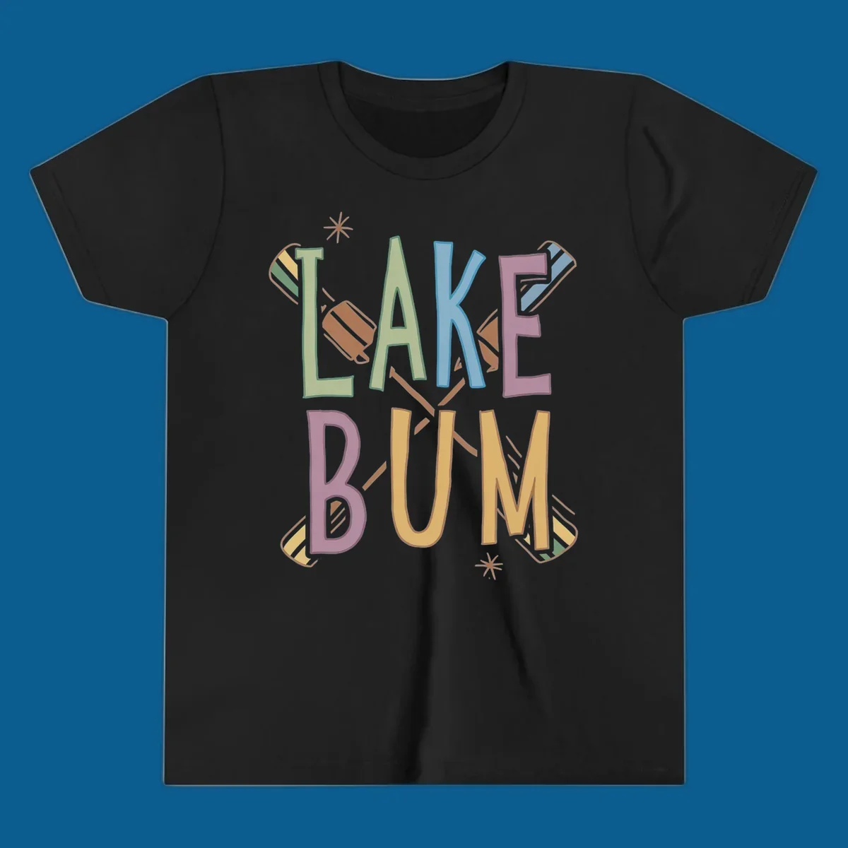 Lake Bum text with crossed oars and starbursts in colorful hand-drawn lettering.