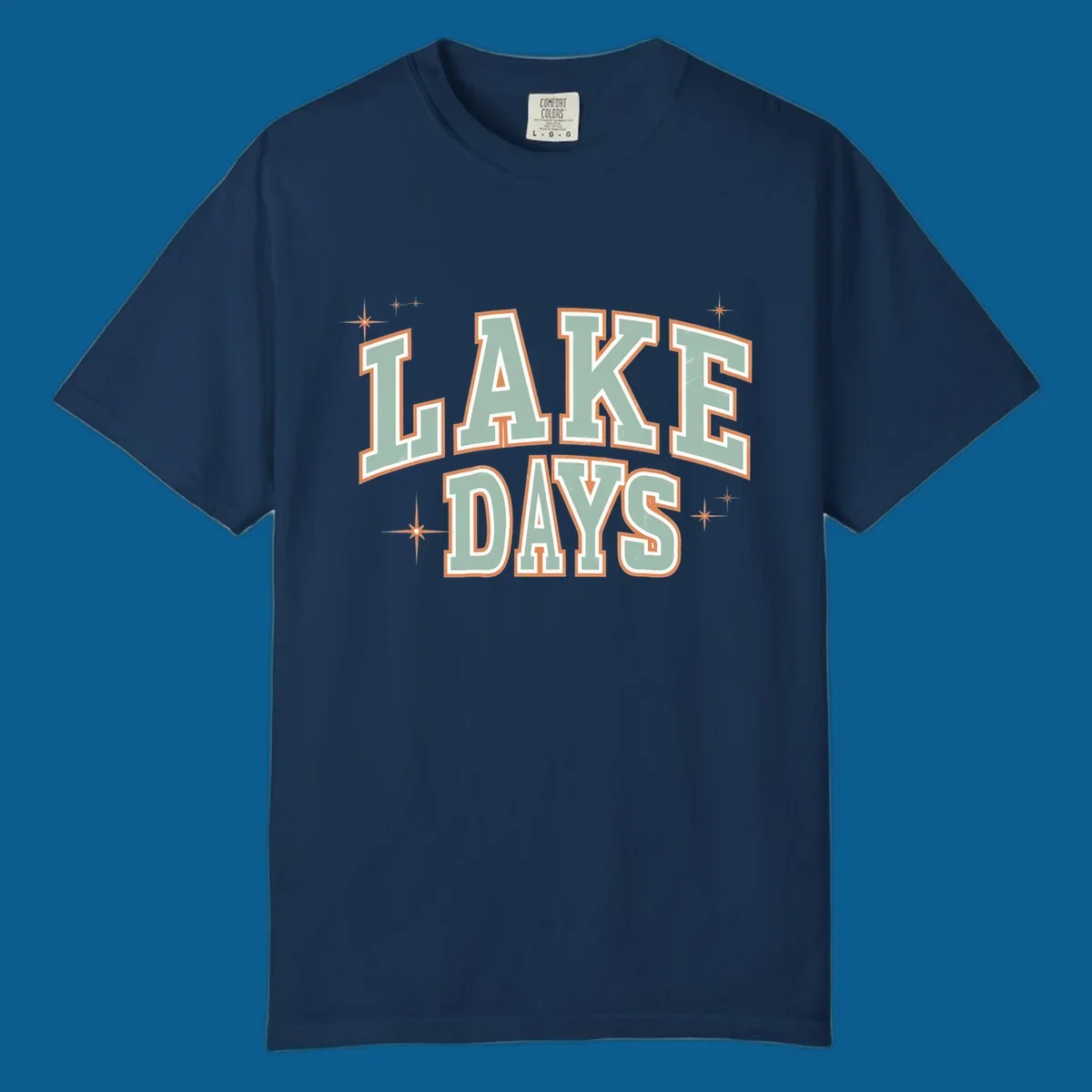 Retro varsity style LAKE DAYS text with starbursts graphic.