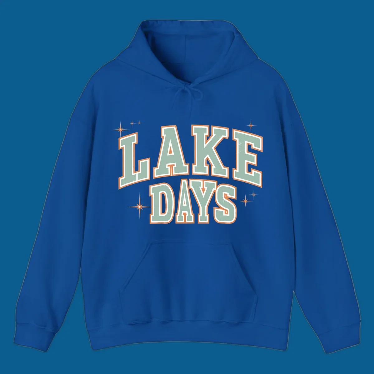 Retro varsity style LAKE DAYS text with starbursts graphic.