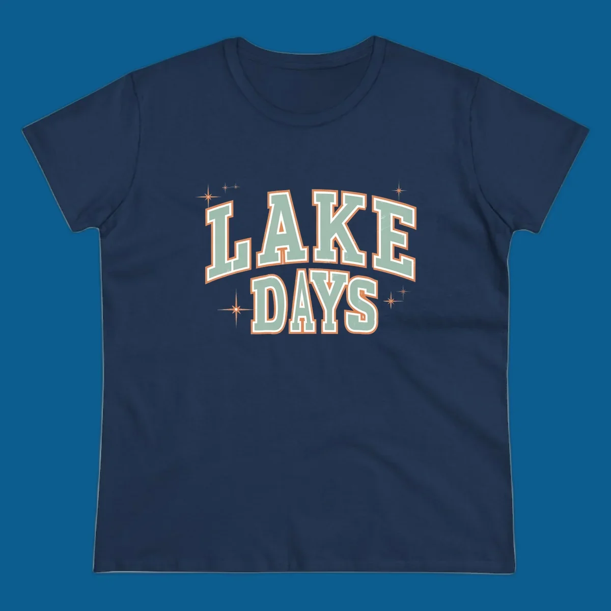 Retro varsity style LAKE DAYS text with starbursts graphic.