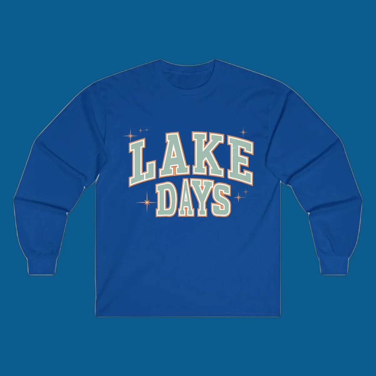 Retro varsity style LAKE DAYS text with starbursts graphic.