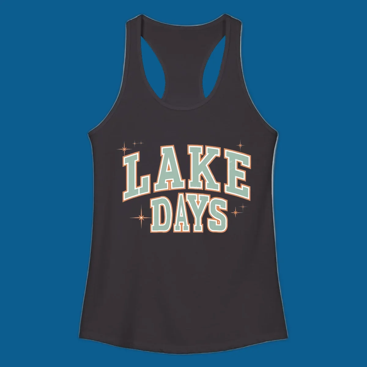Retro varsity style LAKE DAYS text with starbursts graphic.