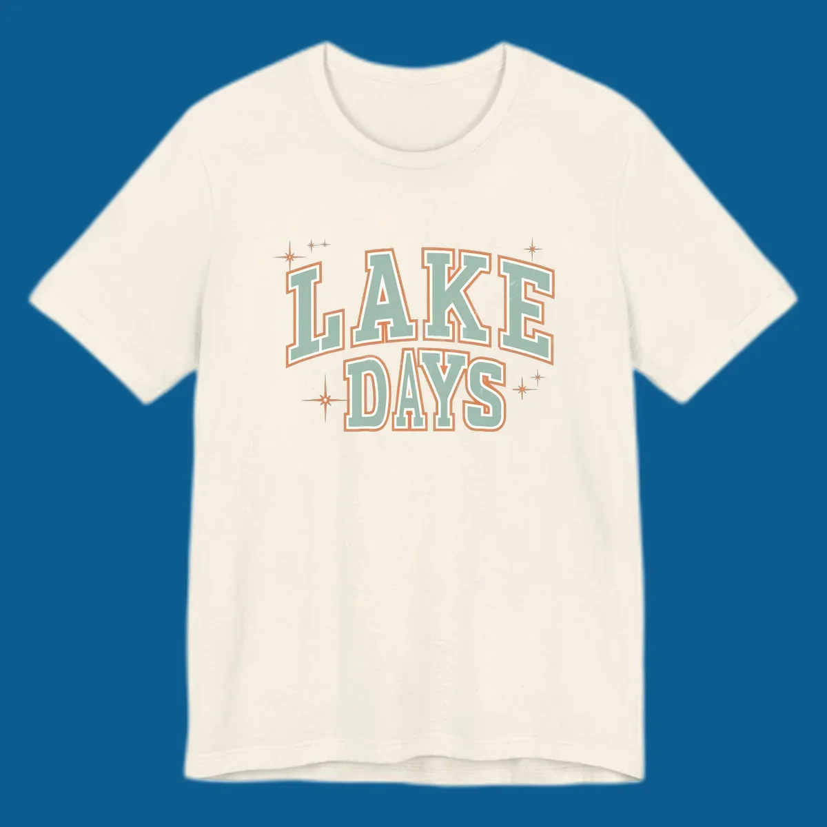 Retro varsity style LAKE DAYS text with starbursts graphic.