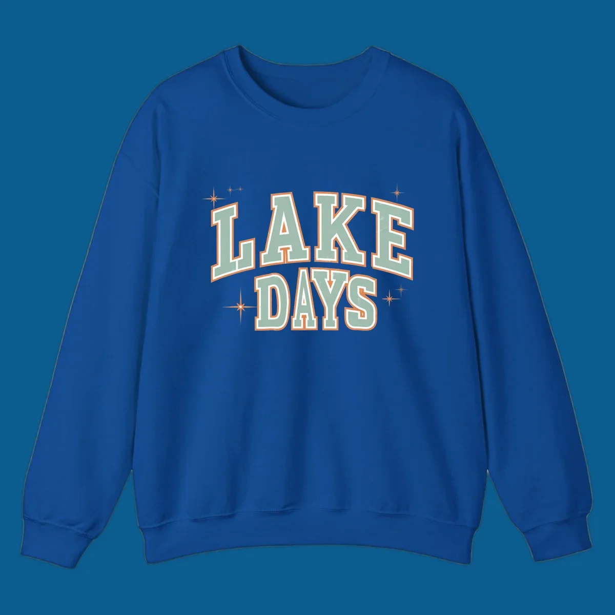 Retro varsity style LAKE DAYS text with starbursts graphic.