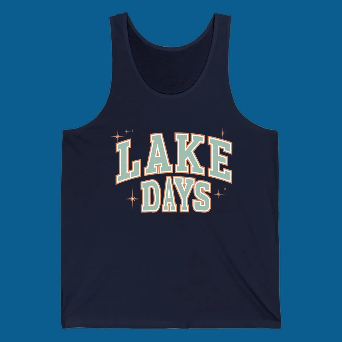 Retro varsity style LAKE DAYS text with starbursts graphic.