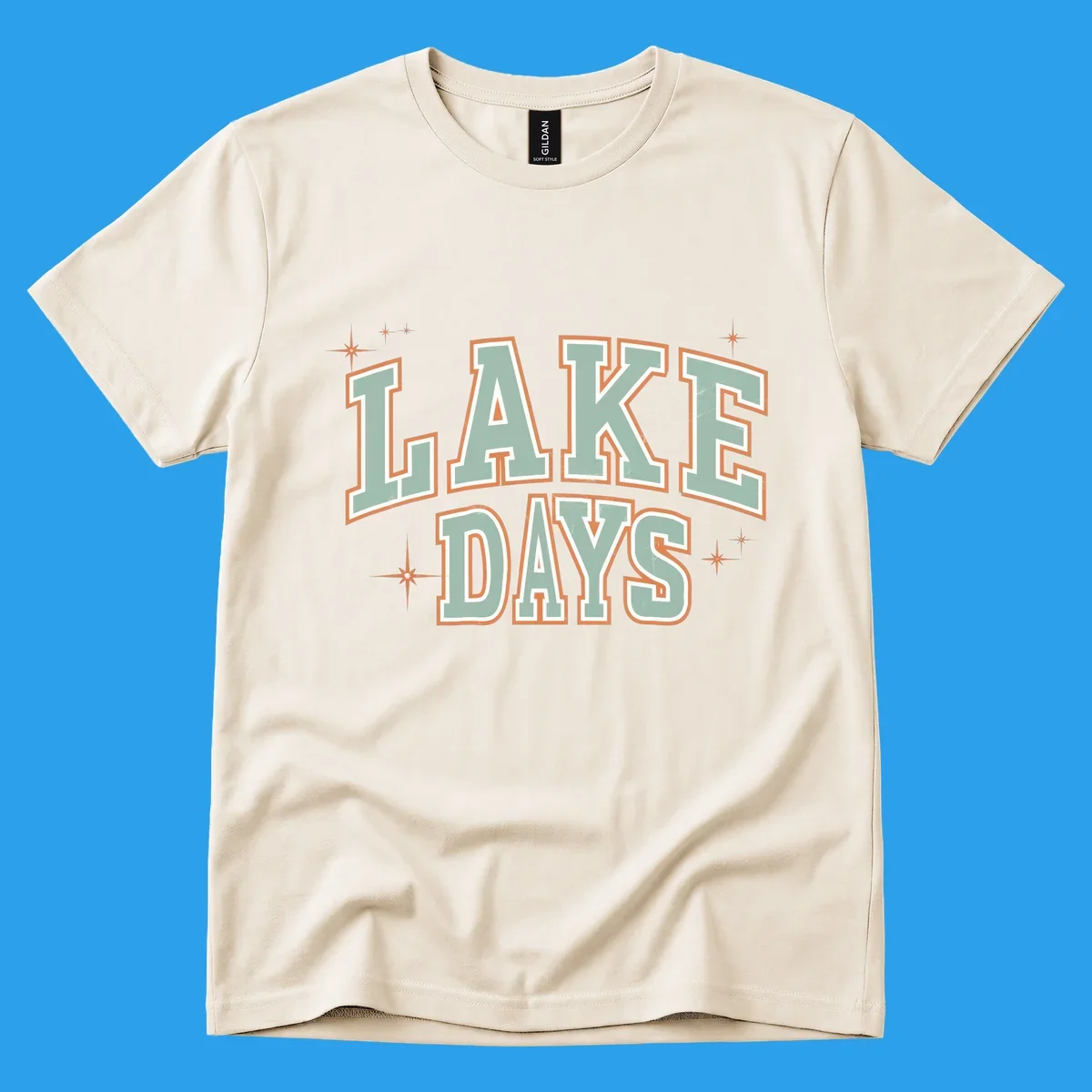 Retro varsity style LAKE DAYS text with starbursts graphic.
