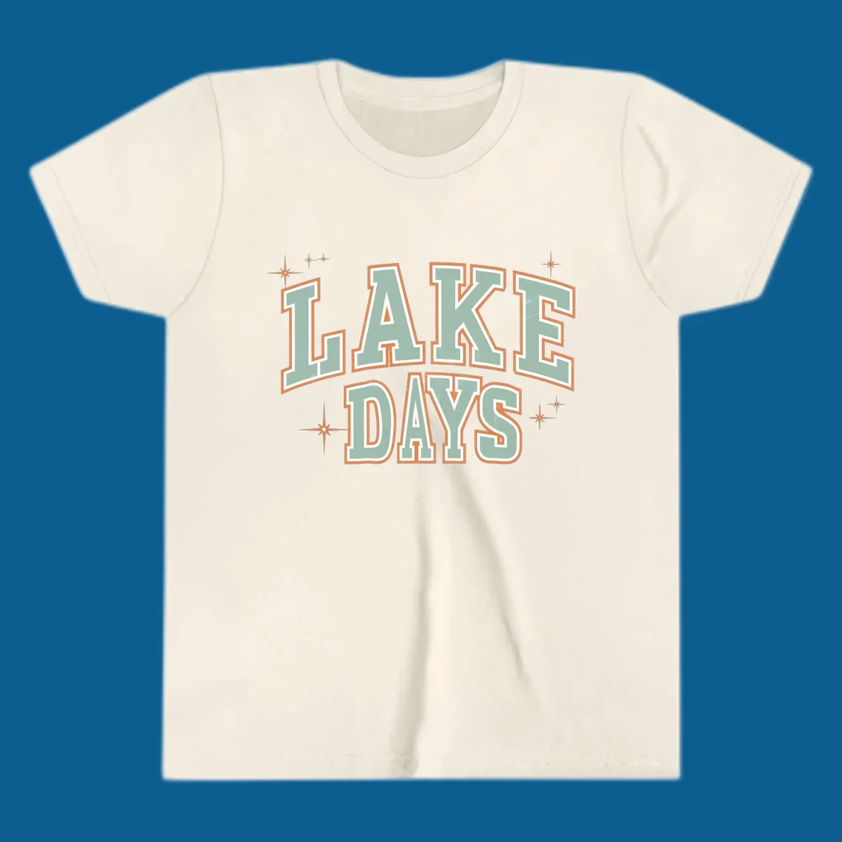 Retro varsity style LAKE DAYS text with starbursts graphic.