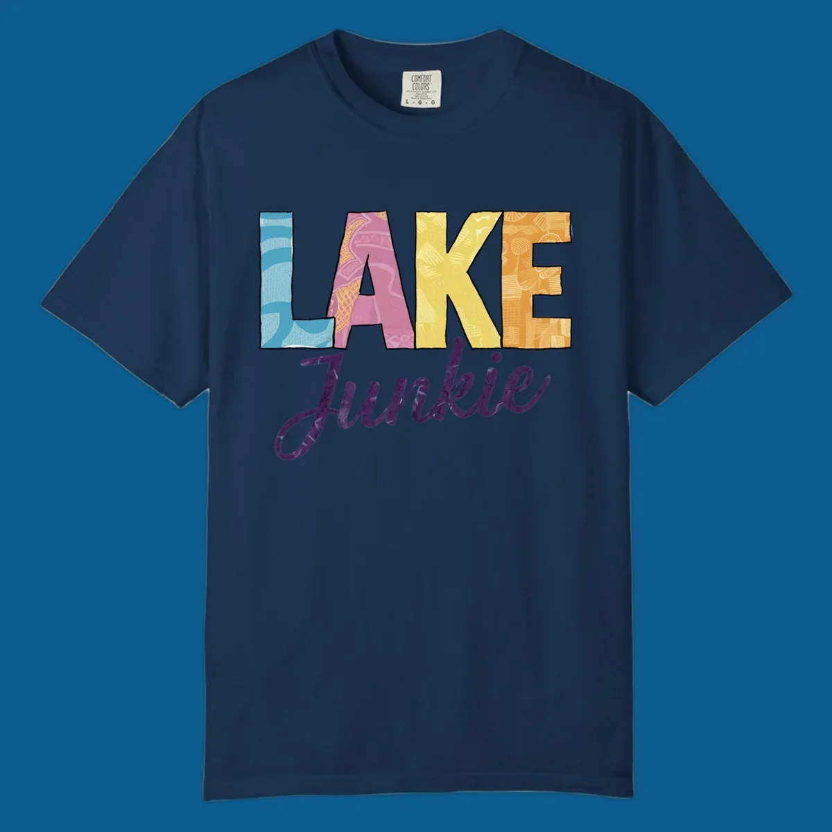 Lake Junkie typography design with colorful patterned letters and purple script text.