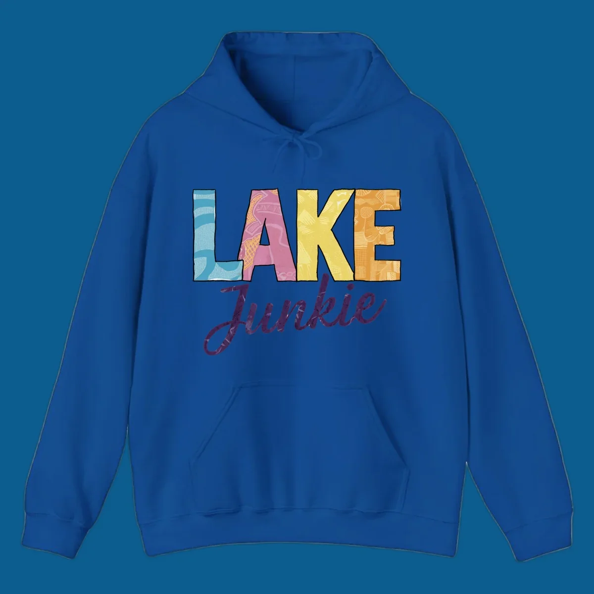 Lake Junkie typography design with colorful patterned letters and purple script text.