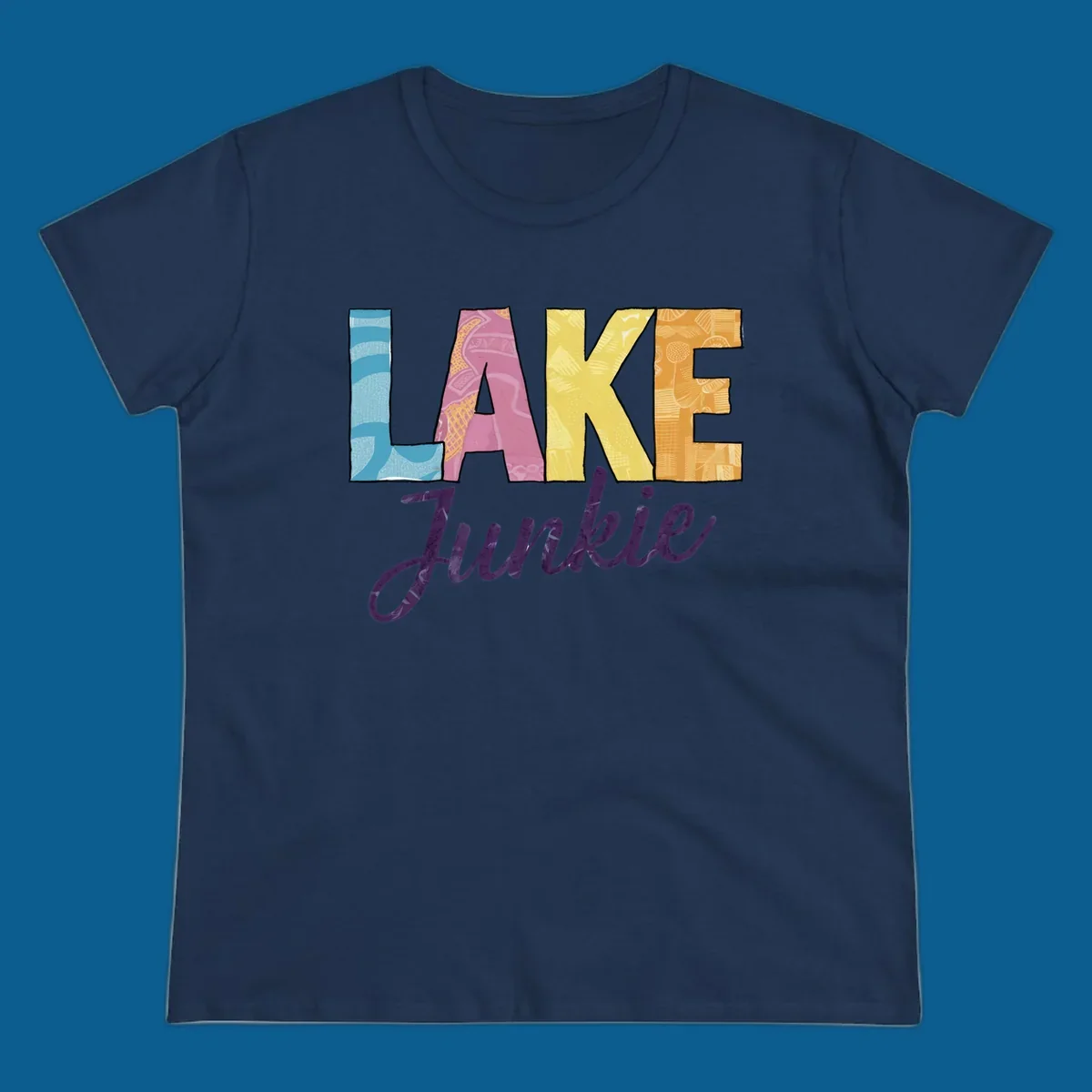 Lake Junkie typography design with colorful patterned letters and purple script text.