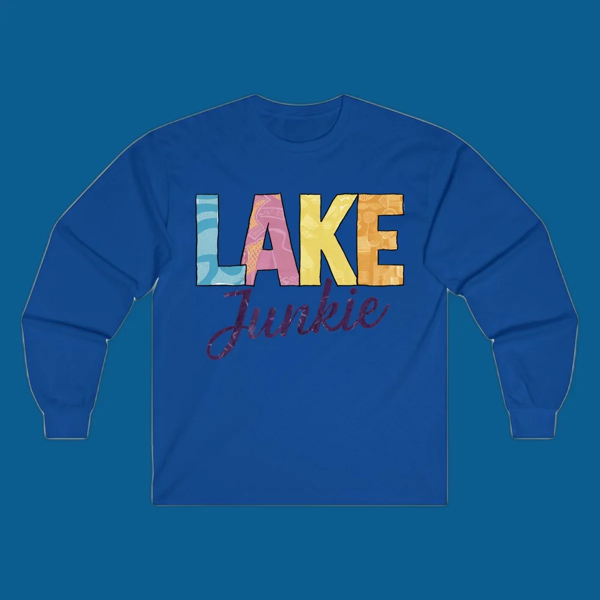 Lake Junkie typography design with colorful patterned letters and purple script text.
