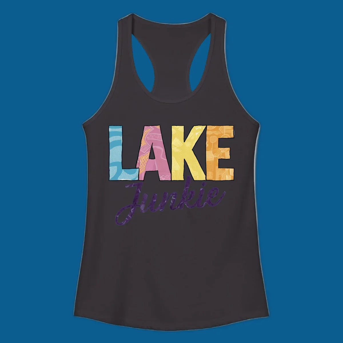 Lake Junkie typography design with colorful patterned letters and purple script text.