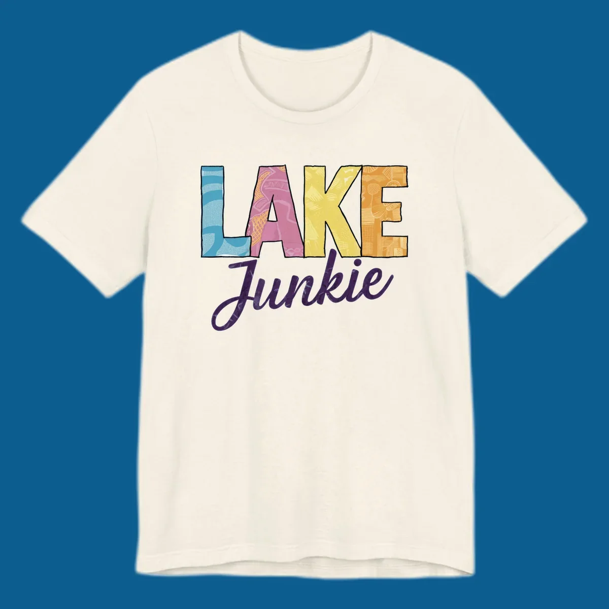 Lake Junkie typography design with colorful patterned letters and purple script text.